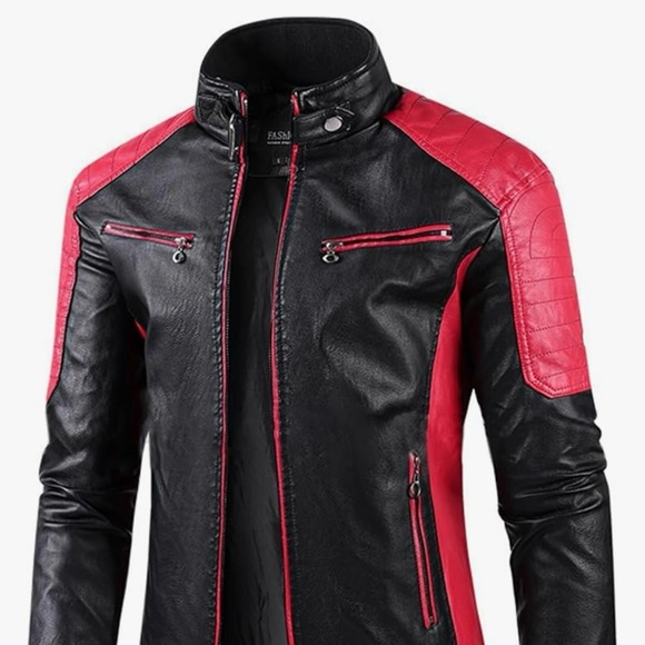 MEN’S STAND COLLAR LEATHER JACKET FALL TRENDY COLOR BLOCK BIKER JACKET FULL ZIP - Picture 1 of 7